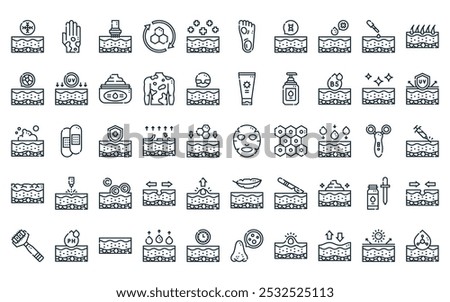 50 linear skin icon pack. vector thin line facial mask, rash, microneedling, skin regeneration, treatment, callus, dna icons suitable for apps and websites ui designs.