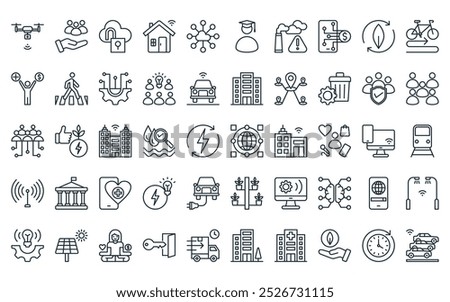 50 linear smart city icon pack. vector thin line internet of things, public service, open data, smarthome, big data, education, air pollution icons suitable for apps and websites ui designs.