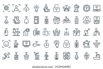 50 linear smart home icon pack. vector thin line water control, scan, download, smart bulb, smart control, unlock, wireless headphones icons suitable for apps and websites ui designs.
