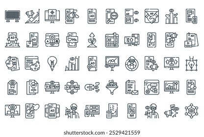 50 linear social media agency icon pack. vector thin line presentation, reach, target, awarness, ad, search, content views icons suitable for apps and websites ui designs.