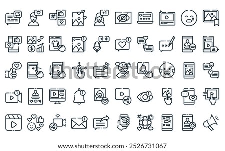 50 linear social media interactions icon pack. vector thin line interactions, like, social media, love, follow, hide, appreciation icons suitable for apps and websites ui designs.