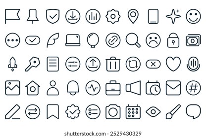 50 linear social network icon pack. vector thin line trash bin, pin, security, download, graph, ting, location icons suitable for apps and websites ui designs.