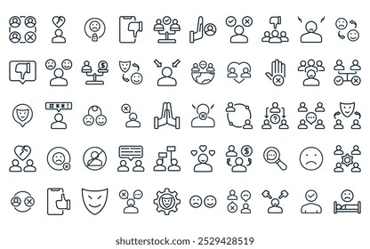 50 lineales de relación social paquete de iconos Vector delgado línea odio, corazón roto, candado, disgustar, igual, excluir, opciones de iconos adecuados para App y Sitios web diseños de ui.