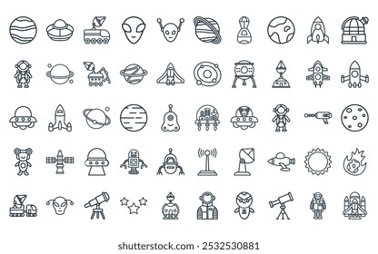 50 linear space icon pack. colonização de espaço de linha fina vetorial, ufo, , alienígena, alienígena, saturno, ícones de módulo de espaço adequado para aplicativos e sites ui designs.