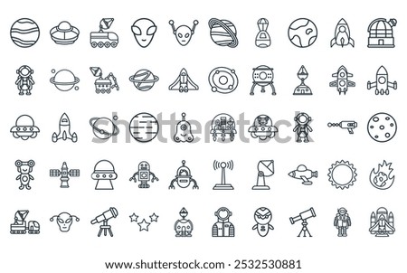 50 linear space icon pack. vector thin line space colonization, ufo,  , alien, alien, saturn, space module icons suitable for apps and websites ui designs.