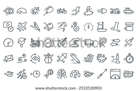 50 linear speed related icon pack. vector thin line payment, speedometer, booster, balloon, bicylce, lightning bolts, flash icons suitable for apps and websites ui designs.