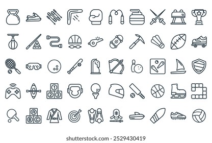 Paquete de iconos de deportes y juegos lineales de 50. Vector de tiro con arco de línea delgada, esquí, boomerang, boxeo, cuerda de salto, íconos de curling adecuados para App y Sitios web.