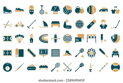 50 linear sport icon pack. vector thin line dodgeball, trail running, diving sport, unicycling handball, judo, volleyball, powerlifting icons suitable for apps and websites ui designs.