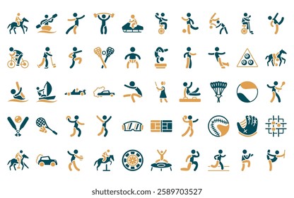 50 linear sport icon pack. vector thin line kendo, canoe sport, kung fu, powerlifting, snowmobile sport, unicycling handball, kickball icons suitable for apps and websites ui designs.