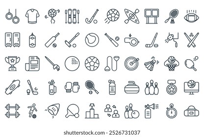 50 linear sports icon pack. vector thin line jumping rope, tshirt, football, ski, hockey, football, kayak icons suitable for apps and websites ui designs.