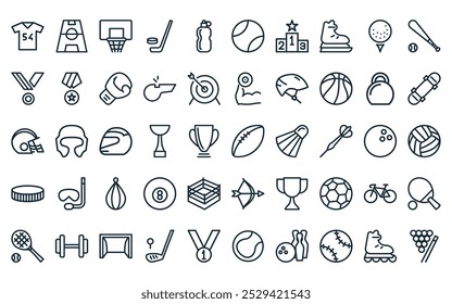 50 linear sports icon pack. vector thin line football, stadium, basket, hockey, bottle, tenis, podium icons suitable for apps and websites ui designs.