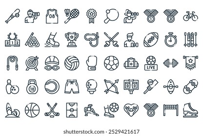 50 linear sports icon pack. vector thin line soccer, virtual reality fitness, tshirt, badminton, medal,  , fitness icons suitable for apps and websites ui designs.