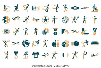 50 linear sports icon pack. vector thin line third, boy with skatingboard, breakdance, basketball court, wushu, ice skating, dancing motion icons suitable for apps and websites ui designs.