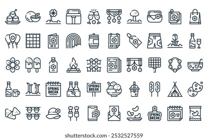 50 linear spring break icon pack. vector thin line newspaper, coconut, clover, cooler, toast, decoration, mushroom icons suitable for apps and websites ui designs.