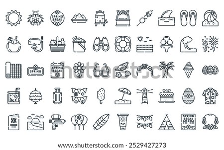 50 linear spring break icon pack. vector thin line sea, ladybug, spring break, holi, dispenser, stand, skewer icons suitable for apps and websites ui designs.