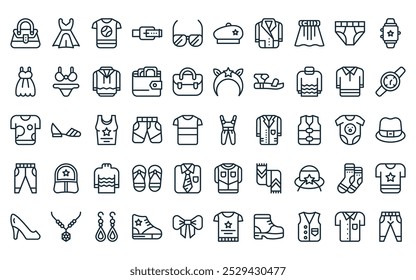 50 lineales ropa de primavera paquete de iconos. Vector de línea fina mono, vestido, camiseta, cinturón, gafas de sol, boina, blazer iconos adecuados para App y Sitios web diseños UI.