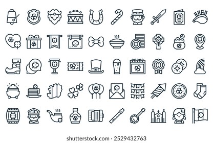 Paquete de iconos de día de 50 St Patricks lineales. Vector de línea delgada de cerveza, escudo, barba, tambor, herradura, bastón de caramelo, iconos de duende adecuados para App y Sitios web.