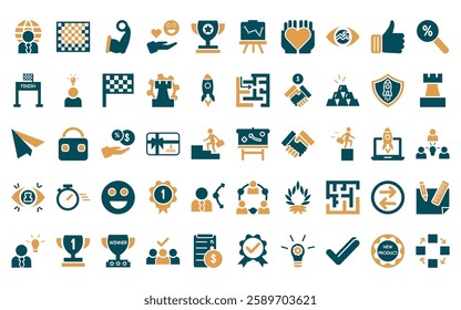 50 linear startup icon pack. vector thin line strategy sketch, chess board, strength, reaction, achievement, market trends, solidarity icons suitable for apps and websites ui designs.