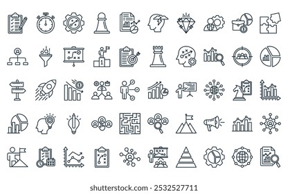 50 pacote de ícone de estratégia linear. progresso de linha fina vetor, cronômetro, tintura, peão, relatório, brainstorming, ícones de diamante adequados para projetos de iu de aplicativos e sites.