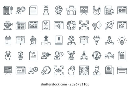 50 linear strategy and management icon pack. vector thin line time management, manager, seo report, chess piece, strategy, suitcase, presentation icons suitable for apps and websites ui designs.