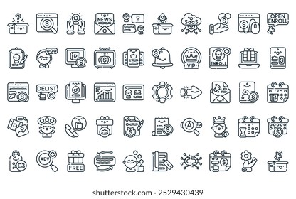 50 assinatura linear business icon pack. vetor linha fina interrupção, pesquisa paga, fidelidade, boletim informativo, cliente, novo produto, ícones saas adequados para aplicativos e sites ui designs.