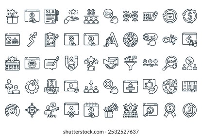 50 linear subscription business icon pack. vector thin line subscriber, subscription, service level agreement, perks, customer acquisition, activation, disruption icons suitable for apps and