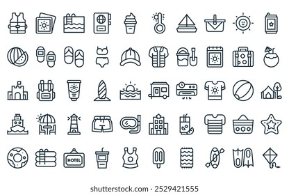 50 linear summer icon pack. vector thin line van, photos, swimming pool, passport, ice cream, thermometer, sailing boat icons suitable for apps and websites ui designs.