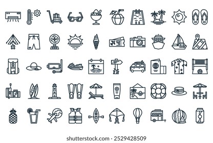 50 linear summer icon pack. vector thin line direction, temperature, trolley bag, sunglasses, shaved ice, coconut drink, swimming pool icons suitable for apps and websites ui designs.
