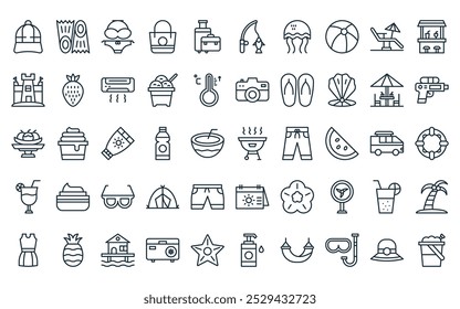50 linear summer icon pack. vector thin line  , fins, woman, beach bag, luggage, fishing, jellyfish icons suitable for apps and websites ui designs.