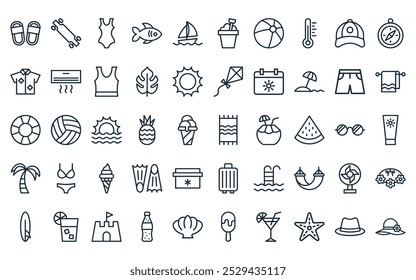 50 linear summer icon pack. vector thin line beach towel, longboard, swimsuit, fish, sail boat, sand bucket, beach ball icons suitable for apps and websites ui designs.