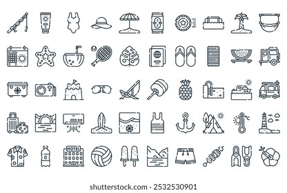 50 paquete de iconos de verano lineal. Vector de línea delgada ventilador, protector solar, traje de baño, sombrero, paraguas, bebida enlatada,   Iconos adecuados para App y Sitios web UI diseños.