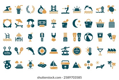 50 linear summer icon pack. vector thin line dispenser, milkshake, wreath, fig, swimming pool ladder, waterski, sun at sea icons suitable for apps and websites ui designs.