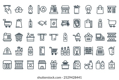 50 linear supermarket icon pack. vector thin line price, egg, drink bottle, store, cash register, supermarket, shopping bags icons suitable for apps and websites ui designs.