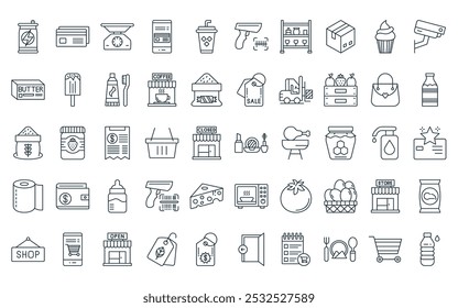 50 linear supermarket icon pack. vector thin line cosmetics, debit card, weight scale, card payment, juice, barcode scanner, shelves icons suitable for apps and websites ui designs.