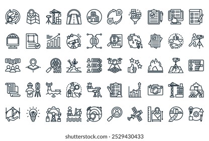 50 linear survey icon pack. vetor de linha fina fotogrametria, localização, construção, túnel, escritório, feedback, ícones de filtragem adequados para aplicativos e sites projetos de iu.