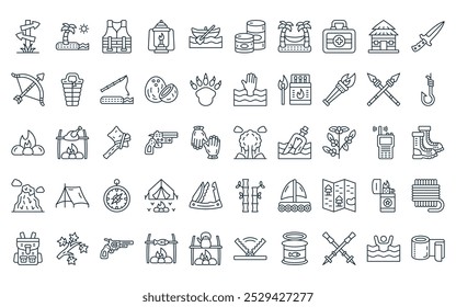 50 lineares ícone de sobrevivência pack. vetor selva linha fina, ilha do deserto, jaqueta de vida, lâmpada de gás, caiaque, comida enlatada, ícones de rede adequados para aplicativos e sites projetos de iu.