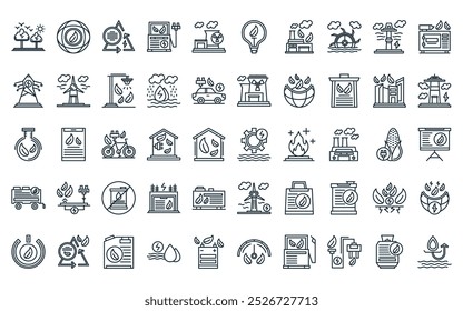 50 pacote de ícone de energia sustentável linear. vetor linha fina hidrelétrica, eco terra, energia de reciclagem, estação elétrica, energia nuclear, lâmpada ecológica, ícones de fábrica verde adequados para aplicativos e sites ui