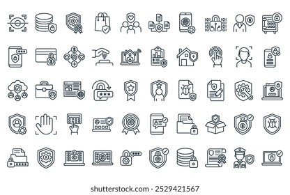 50 sistema linear proteção ícone pack. vetor linha fina talento, segurança de banco de dados, garantia de qualidade, compras seguras, proteção da vida, proteção de dados, ícones de segurança móvel adequados para aplicativos e