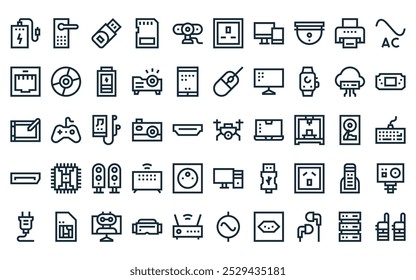 Paquete de iconos de 50 dispositivos y tecnología lineal. dron de línea delgada de Vector, puerta inteligente, unidad USB, cámara web, toma de corriente, iconos de dispositivos adecuados para App y Sitios web.