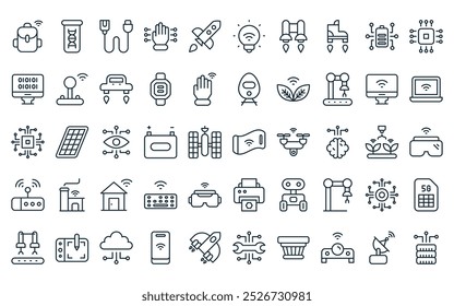 50 linear technology icon pack. vector thin line mobile, dna, data cable, robotic hand, rocket, smart light, jet pack icons suitable for apps and websites ui designs.