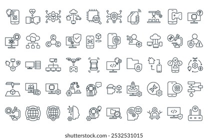 50 linear technology icon pack. vector thin line web development, wearable technology, green technology, internet of things, didital, innovation, mobile icons suitable for apps and websites ui