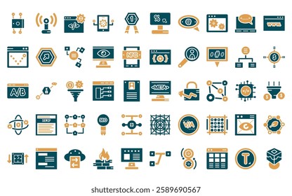 50 linear technology icon pack. vector thin line meta elements, reach, website optimization, native apps, leading, click through rate, mentions icons suitable for apps and websites ui designs.