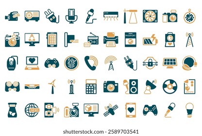 50 linear technology icon pack. vector thin line frequency antenna, air cooler, power plug, vintage mic, mic with long cable, air direction, lamp post icons suitable for apps and websites ui