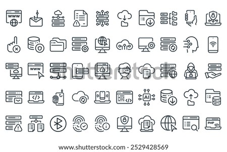 50 linear technology icon pack. vector thin line virtual reality, phishing, cloud hosting, warning, database, download, download icons suitable for apps and websites ui designs.