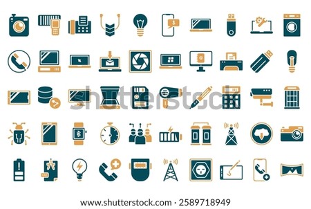 50 linear technology icon pack. vector thin line hairdressing tools, portable scanner, telephone with fax, tinsel, light bulb turned off, receive money message, open laptop icons suitable for apps