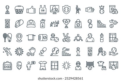 Paquete de iconos de 50 Elementos de tenis lineales. Vector de línea delgada partido, cubo, pulgares para arriba, chaleco, tenis, insignia, iconos de árbitro adecuados para App y Sitios web.