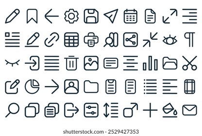 50 linear text editor ui icon pack. vector thin line document, bookmark, previous, cogwheel, diskette, send, calendar icons suitable for apps and websites ui designs.