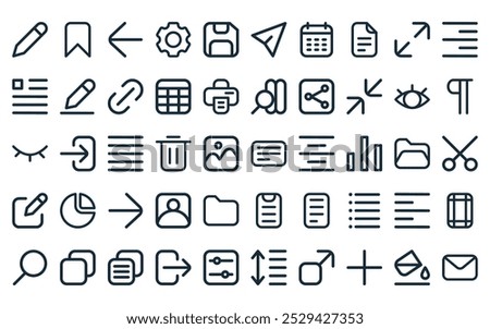 50 linear text editor ui icon pack. vector thin line document, bookmark, previous, cogwheel, diskette, send, calendar icons suitable for apps and websites ui designs.