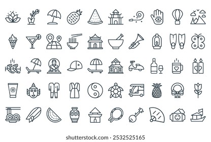 50 lineales tailandeses icon pack. Vector línea delgada wat arun, pote, sombrilla de playa, pino, sandía, templo, los iconos del denunciante convenientes para los App y los diseños de la UI de los Sitios web.