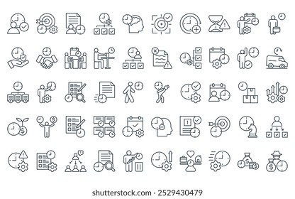 50 linear time management icon pack. vector thin line time pressure, goal, self disciplined, time management, consciousness, focus, buffers icons suitable for apps and websites ui designs.